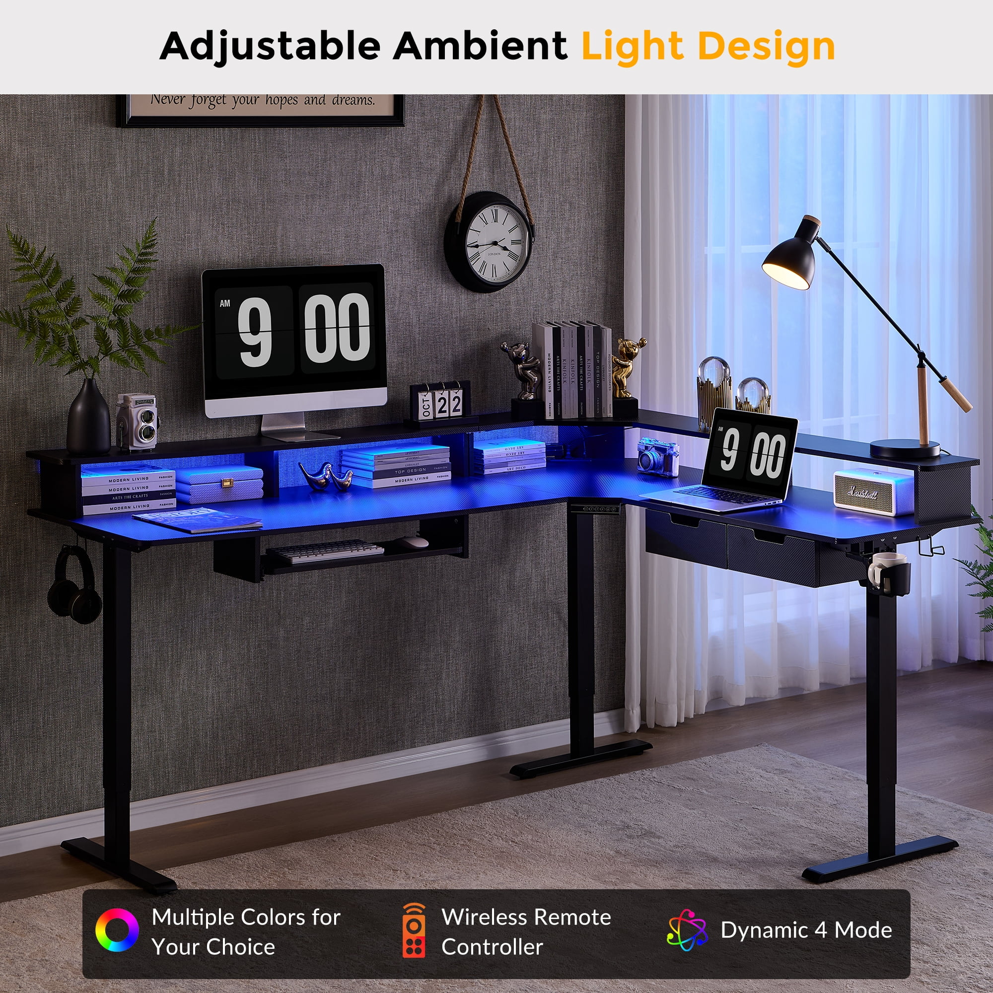 OKD 75" Electric Standing Desk with LED Strip & Power Outlets, L-Shaped Corner Desk with Shelves & Keyboard Tray, Adjustable Height Computer Desk, Carbon Fiber Black