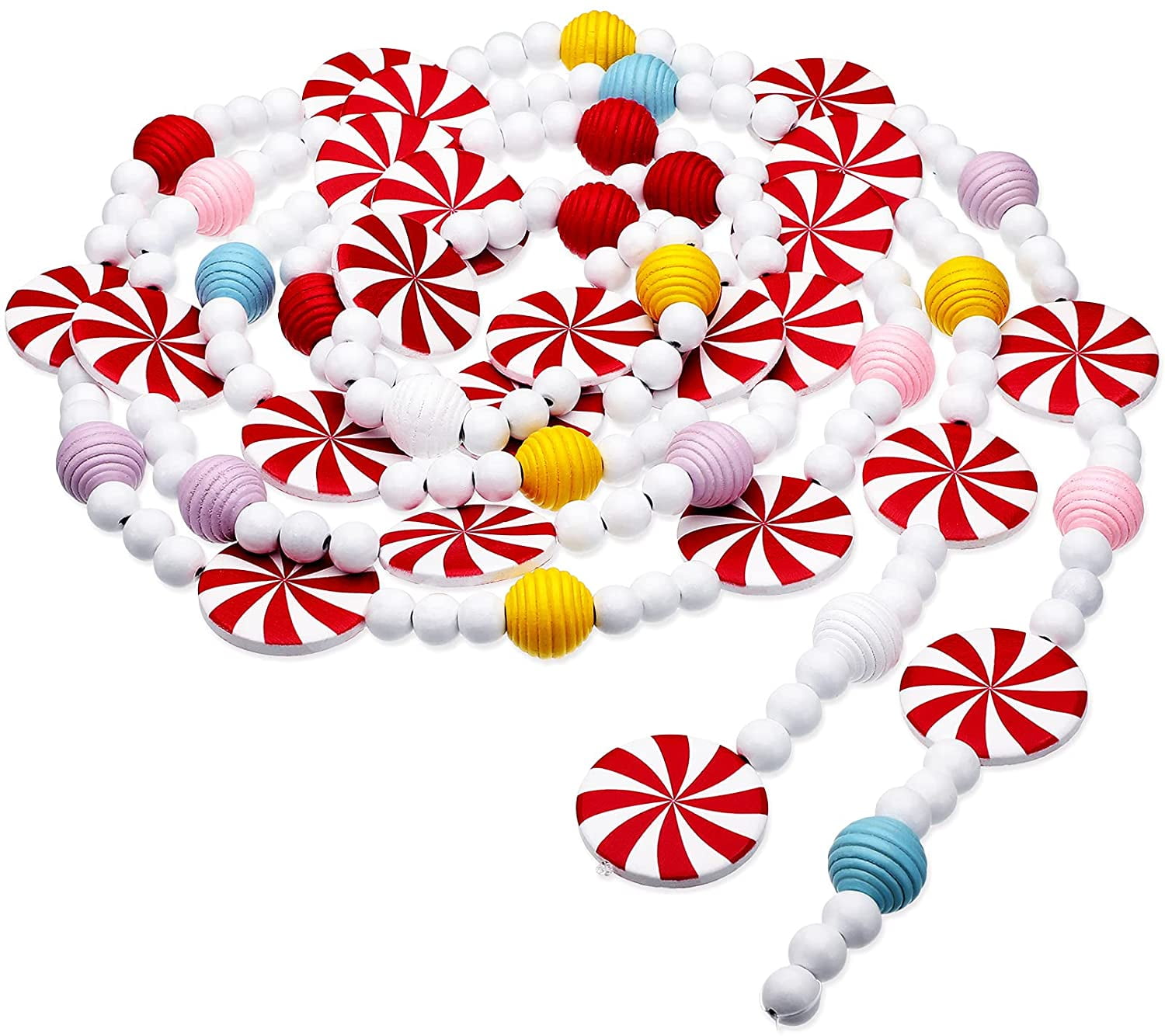 Christmas Wooden Bead Garland Christmas Tree Wood Candy Garland Red and White Peppermint Candy