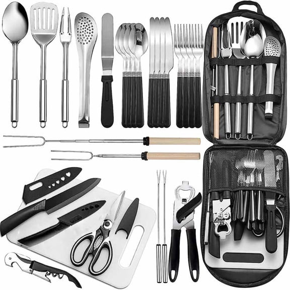 Rimoody Portable Camping Kitchen Utensil Set-27 Piece Cookware Kit, Stainless Steel Outdoor Cooking and Grilling Utensil Organizer Travel Set