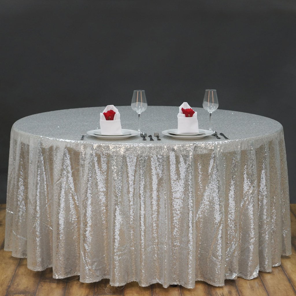 BalsaCircle 120" Sequin Round Tablecloth Silver