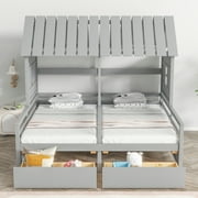 Twin Wood House Double Platform Beds with for Kids, Gray