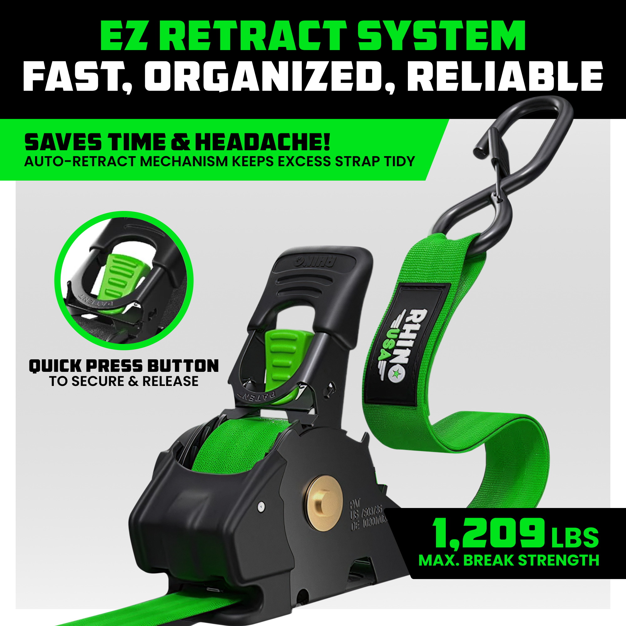 Rhino USA 1" x 10' Retractable Ratchet Straps 1,209lb Break Strength (Green 4-Pack)