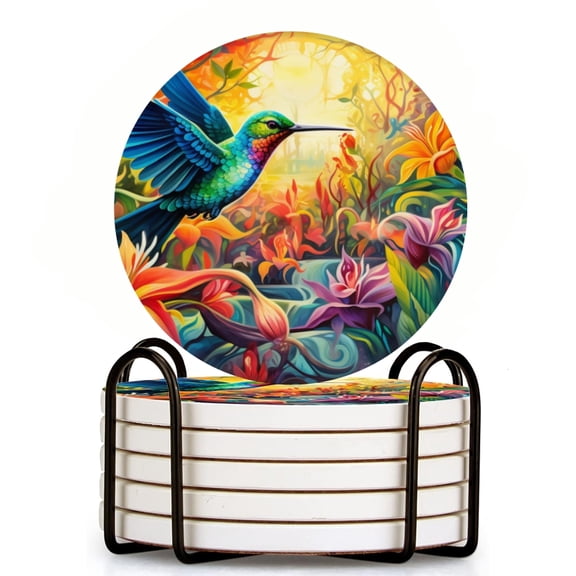 Colorful Hummingbird In The Jungle Set of 6 Ceramic Coasters with Holder, Absorbent Drink Bar Coasters, Table Coasters for Living Room Decor Tabletop Protection