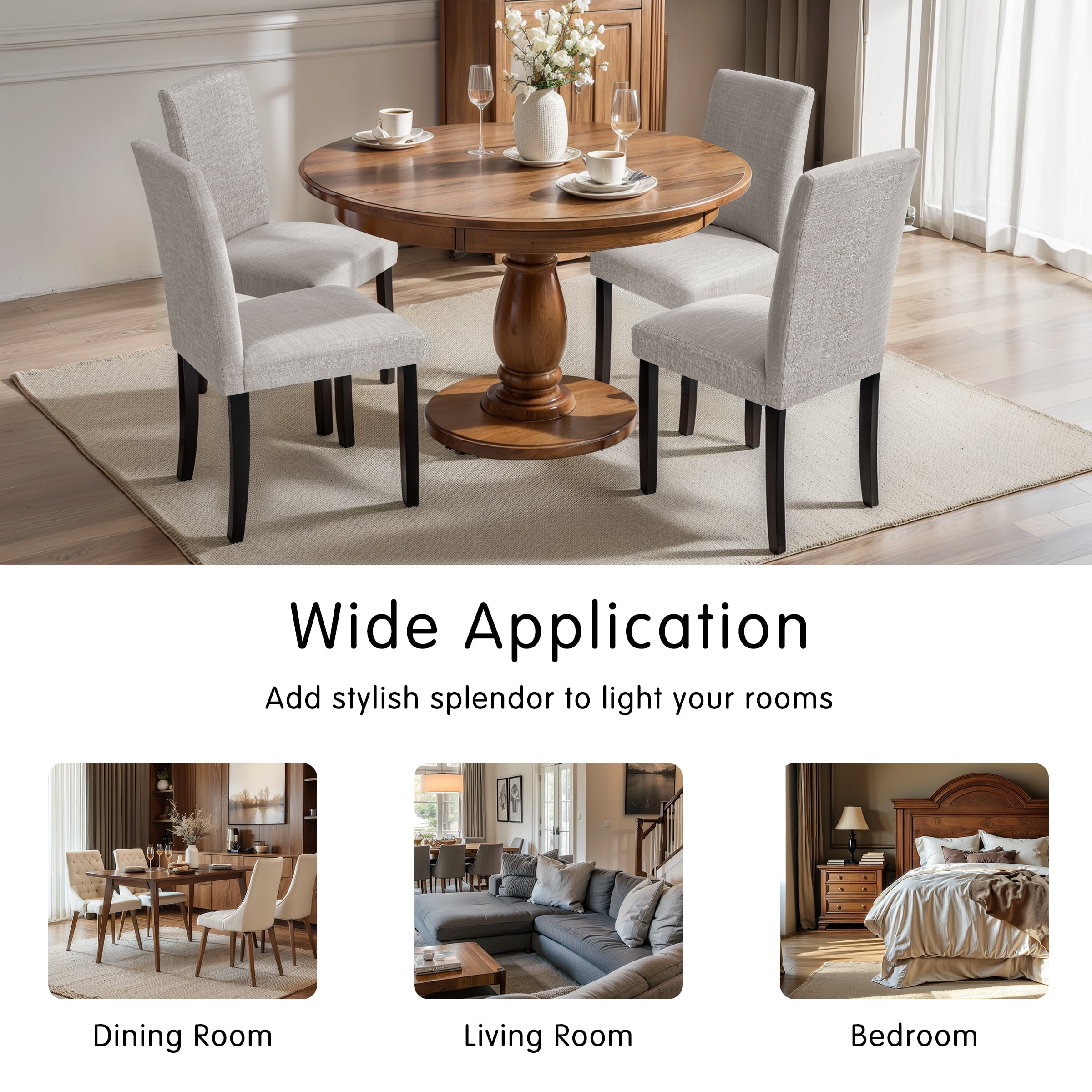 Linen Dining Chairs Set of 4, Upholstered Fabric Chairs with Solid Wood Legs for Kitchen Dining Room, Light Gray