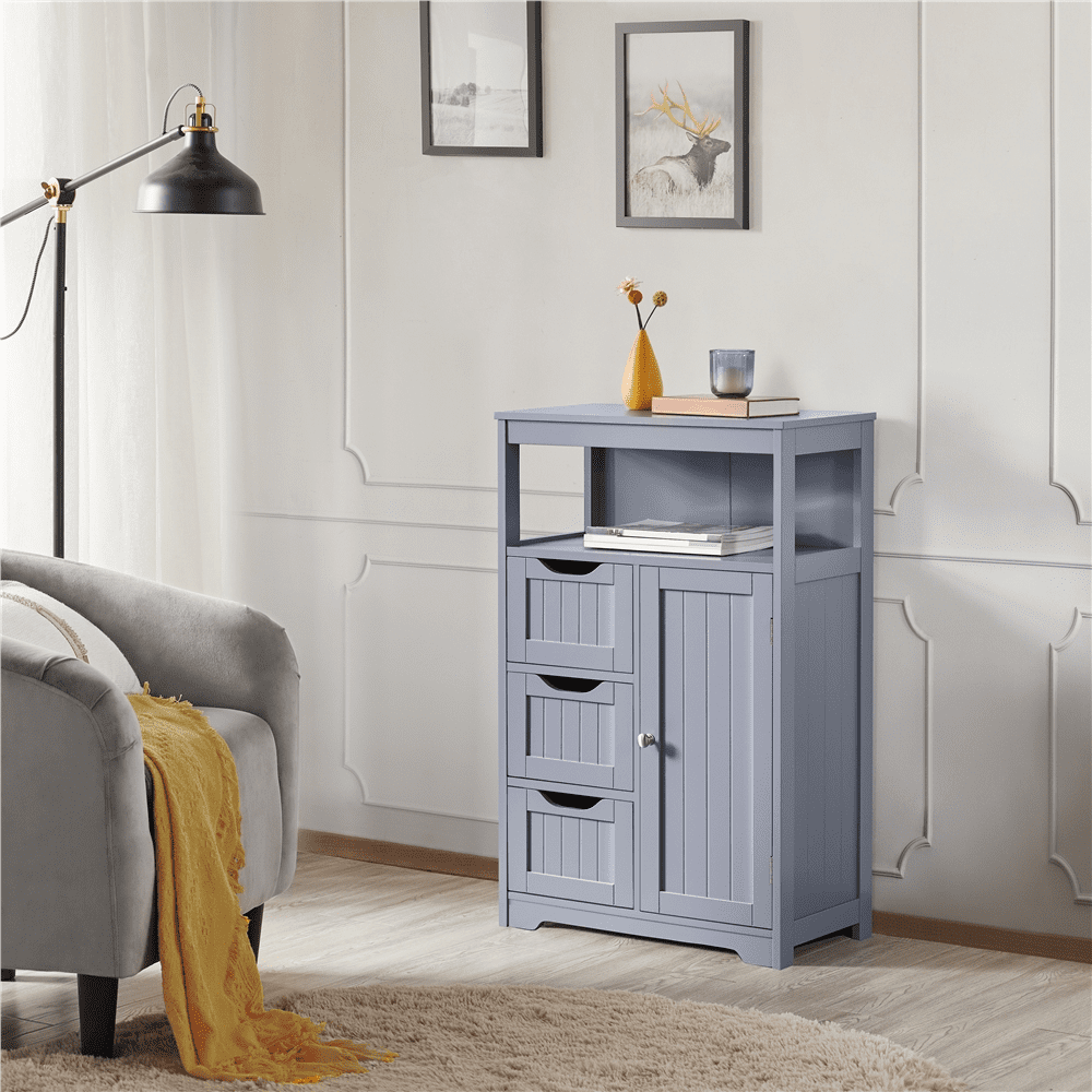 Fullfurnique Bathroom Floor Cabinet with 1 Door and 3 Drawers, Gray