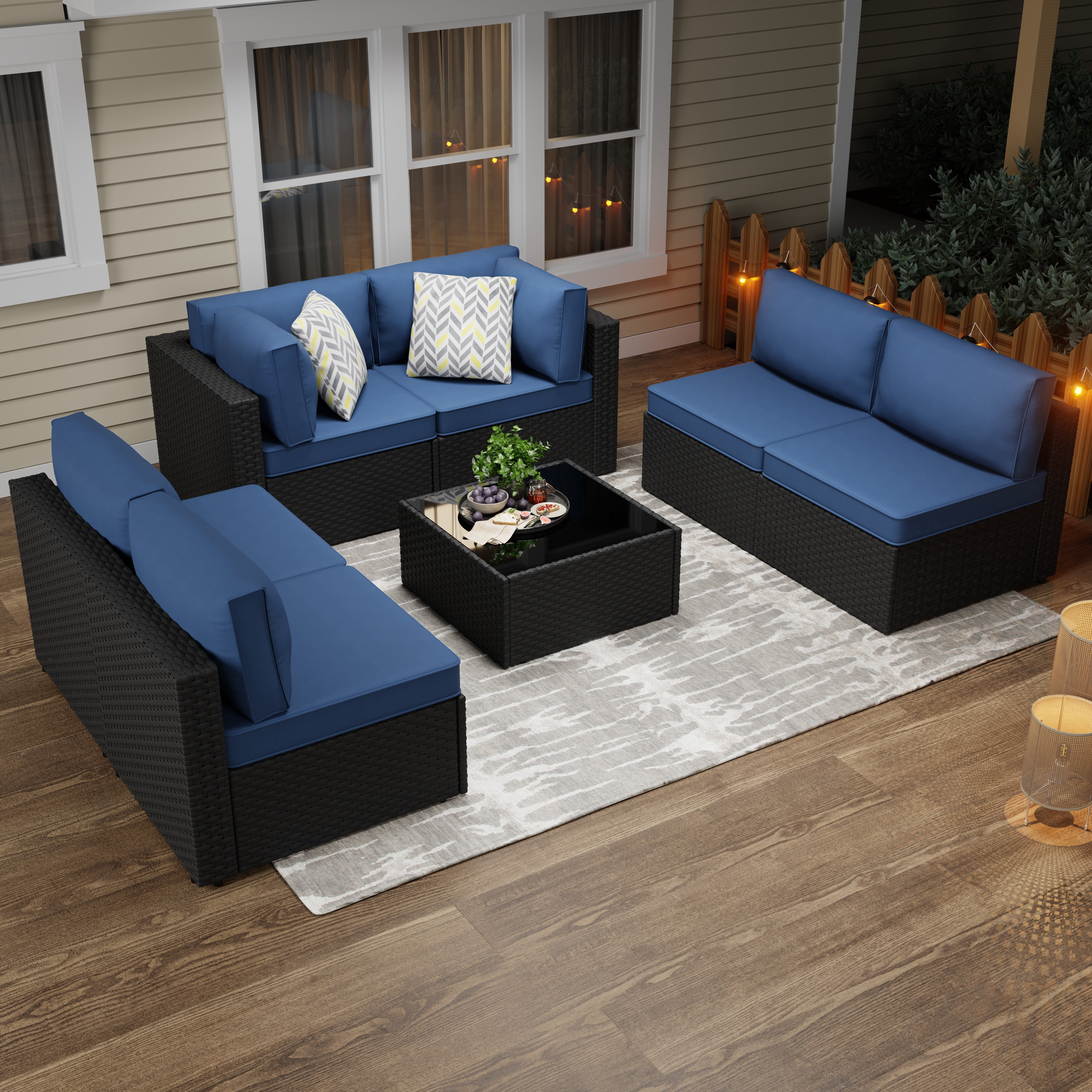 Walsunny 7 Pieces Patio Conversation Set, All-Weather Rattan Wicker Patio Furniture Sets with 6 Chairs and 1 Coffee Table, Washable Couch Cushions,Black Rattan Navy Blue Cushions