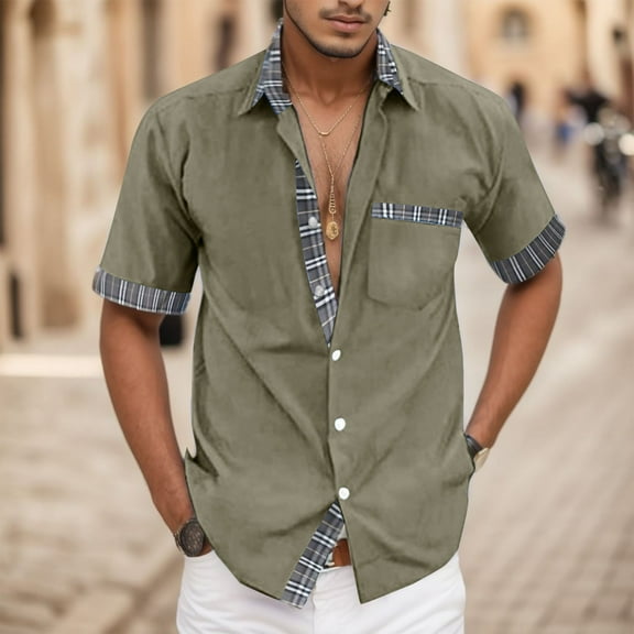 QUINDOS Casual Cotton Hawaiian Shirts for Men Summer Button up Short Sleeve Shirts Vacation Loose Fit Beach Plaid Shirts