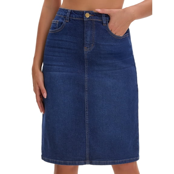 DARING DIVA Women's Slit Stretch Below Knee Length Denim Skirts Small Dark Blue