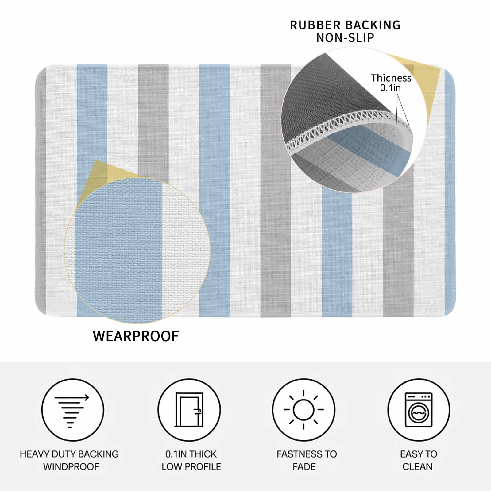 Light Blue Grey Stripe Doormat Outdoor Entrance 18"x30", Modern Farmhouse Vertical Striped Absorb Moisture Dirt Door Mats, Non-Slip Rubber Backing Floor Mats Indoor, Low-Profile Front Door Rugs