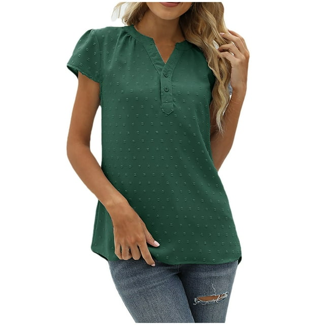 Yuyuzo Chiffon Tops ForWomen Notch V Neck Puff Short Sleeve Solid Color Flowy Breathable Tunic Tops