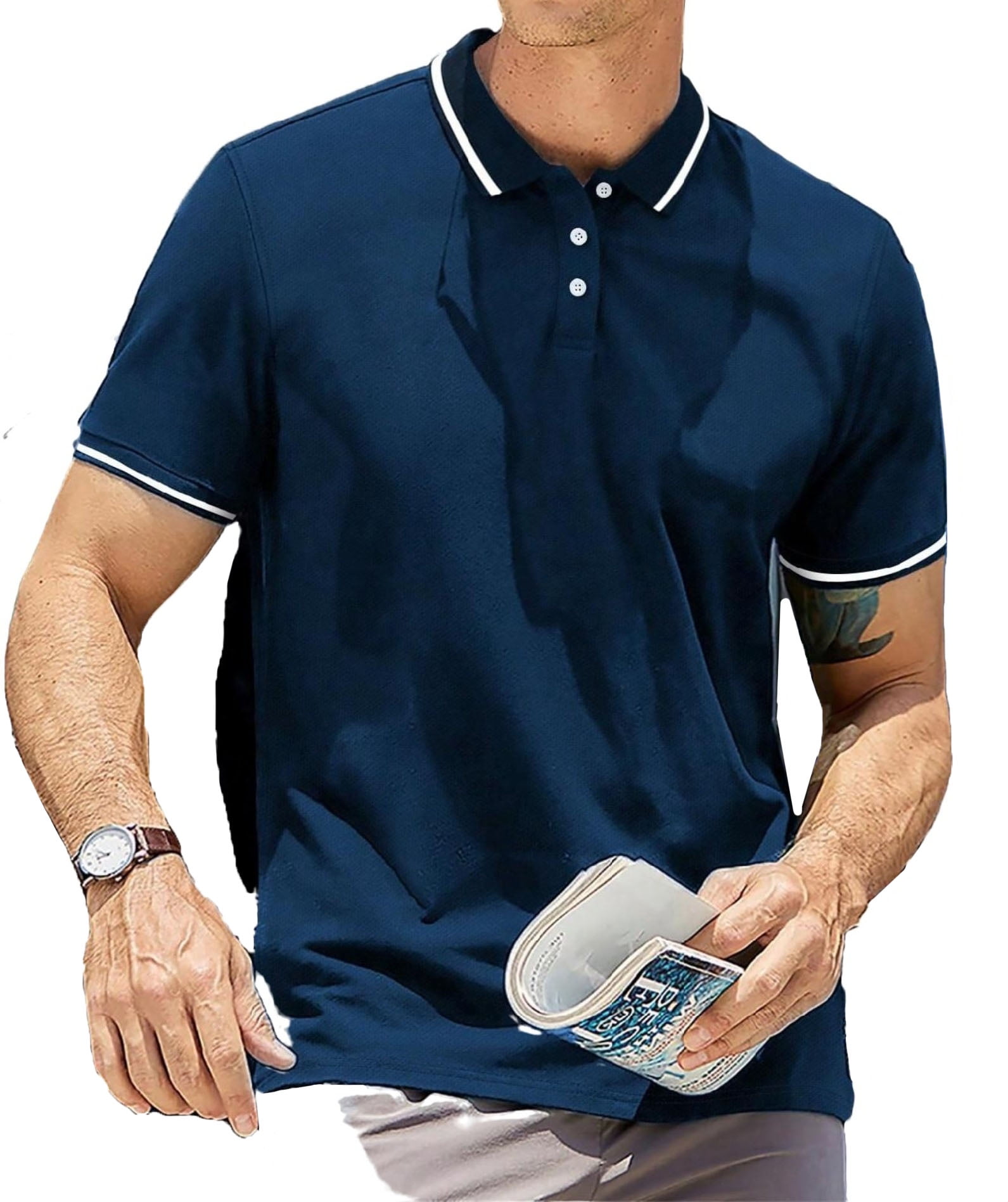 Men's Polo Shirts Casual Striped Short Sleeve Navy Blue M (38) - Walmart.com