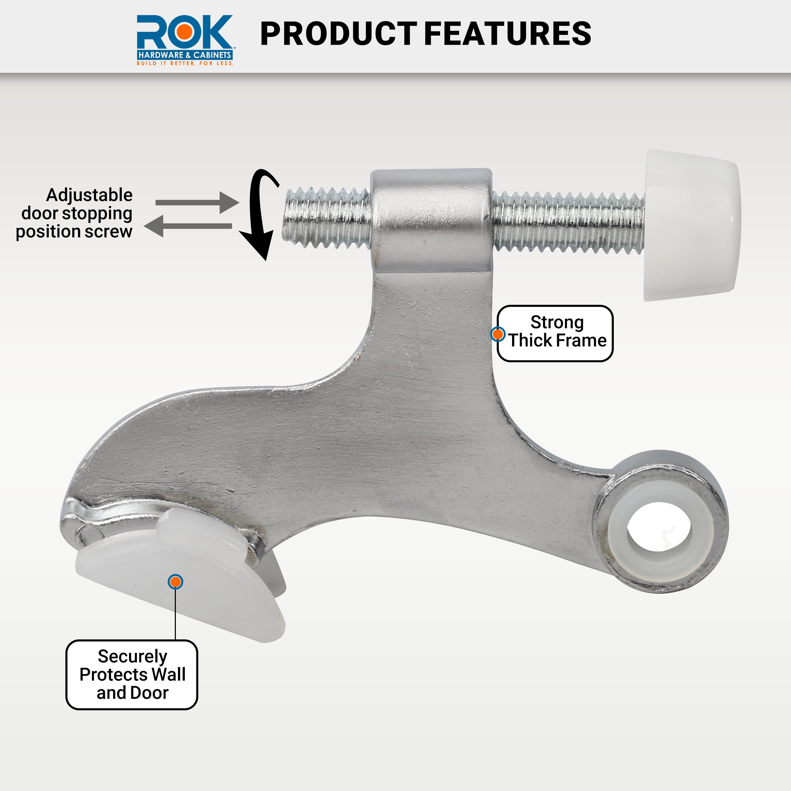 10 Pack Rok Hardware Heavy Duty Hinge Pin Door Stop, Brushed Chrome