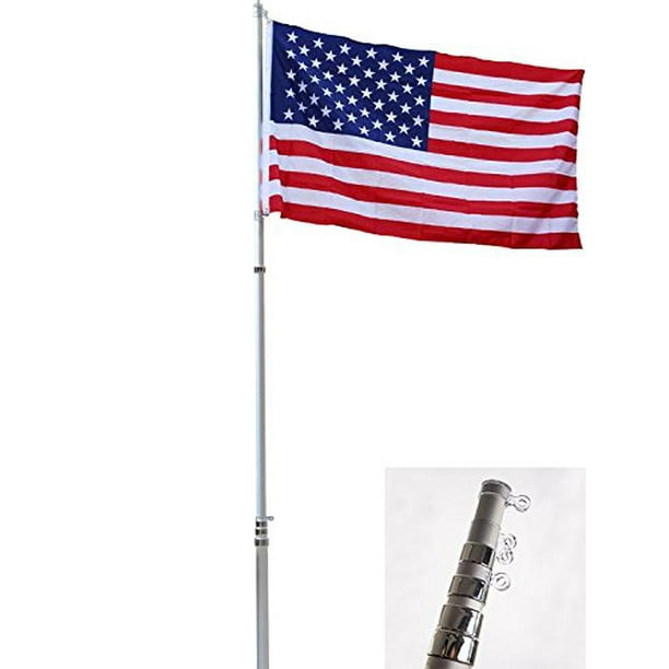 25FT Flag Pole Kit Telescopic Aluminum Flagpole US Flag Ball Fly 2 Flags