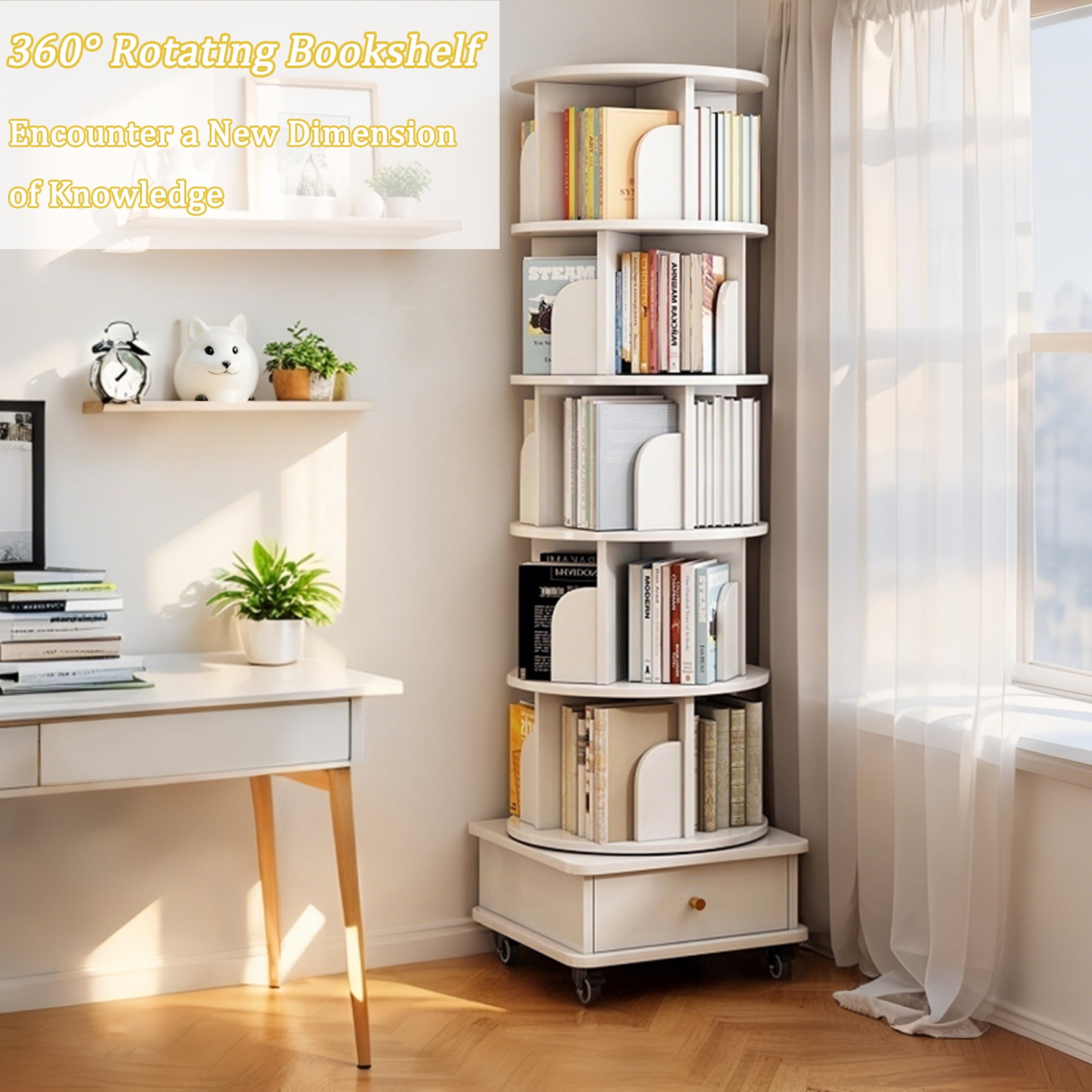 Jopath 6 Tier Rotating Bookshelf, 360° Display Round Spinning Bookshelf with Wheels and Drawer, Space-Saving, Small Space Rotating Bookshelf Tower for Bedroom,Office, Warm White