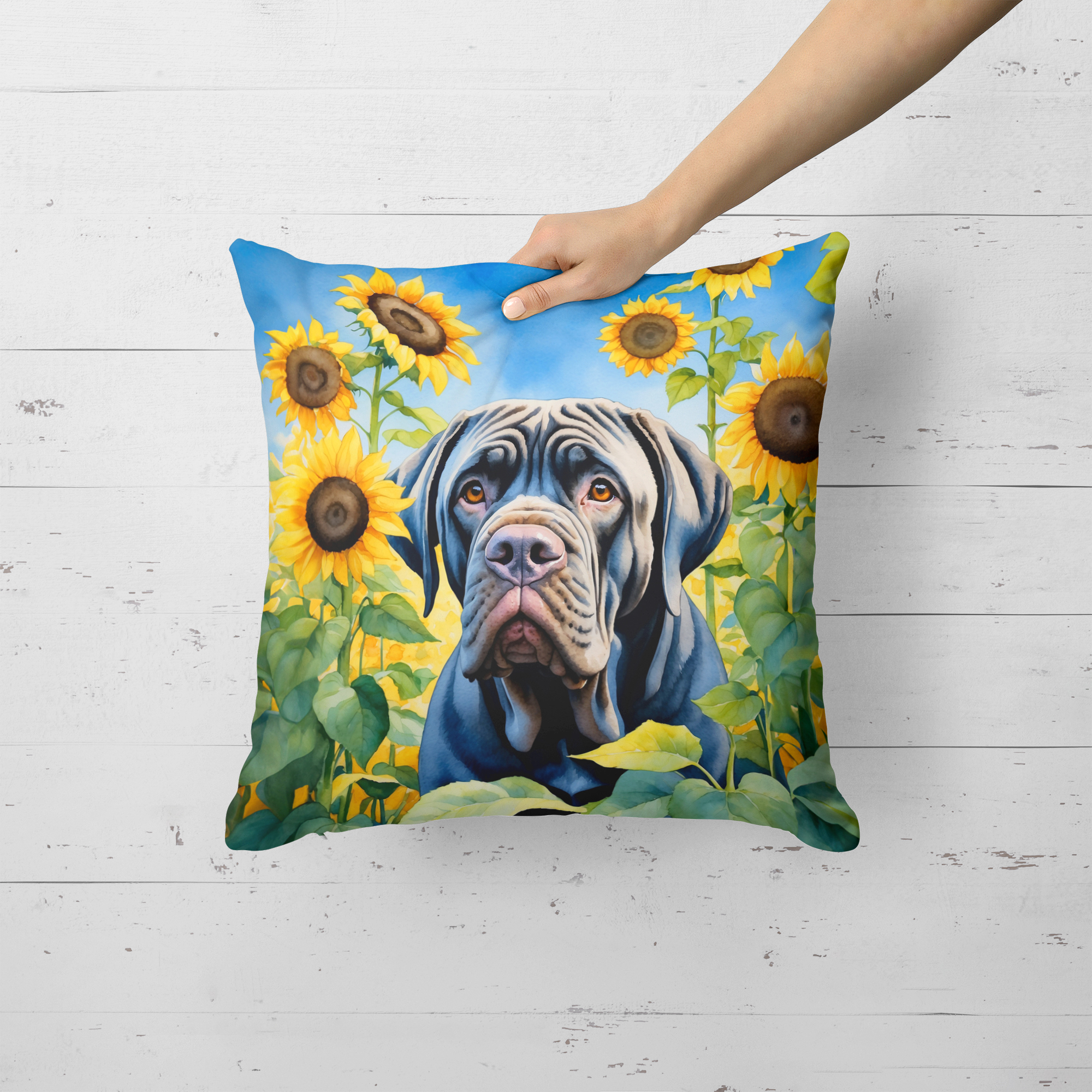 Neapolitan Mastiff in Sunflowers Throw Pillow 18 in x 18 in