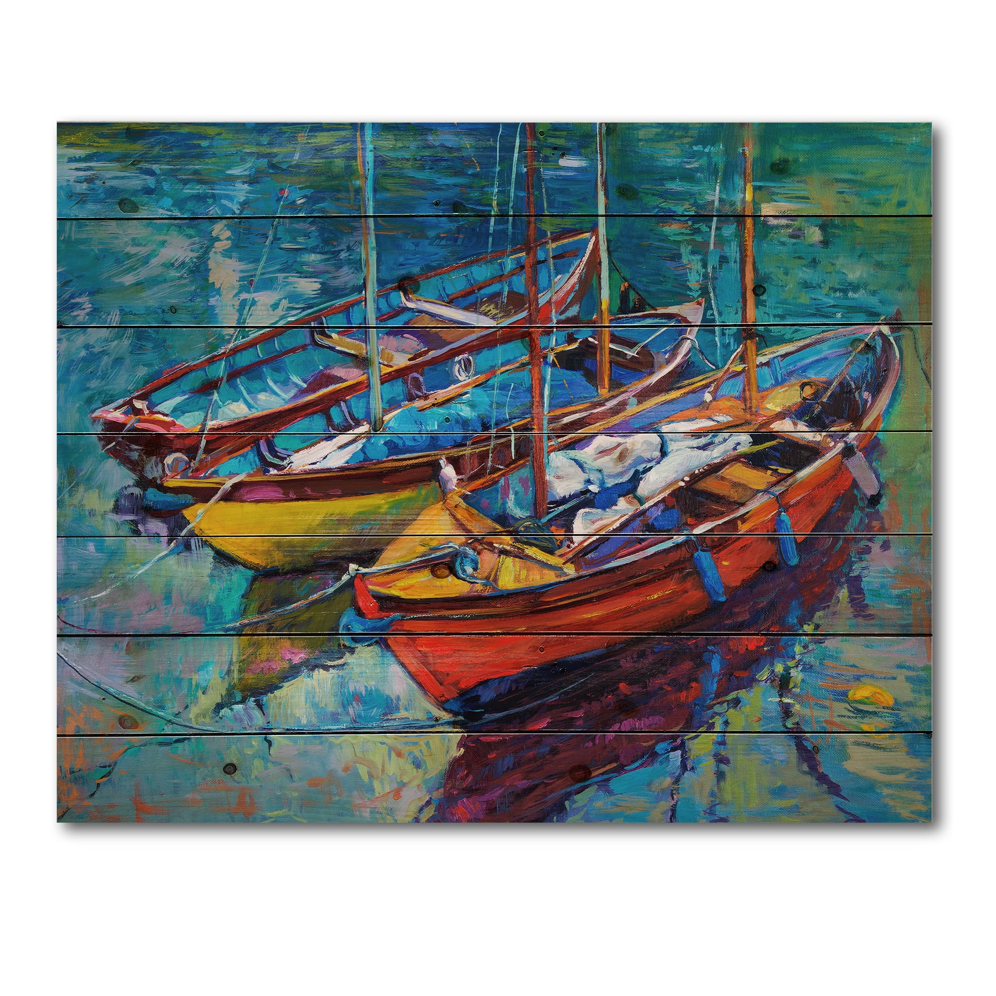 Designart 'Three Colorful Boats In The Harbor' Nautical & Coastal Print on Natural Pine Wood