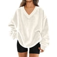 thumbnail image 2 of Resicozy Fuzzy Flannel Sweatshirt for Women Fluffy Pullover Sweaters Long Sleeve Oversized V Neck Sweatshirt White XL, 2 of 9