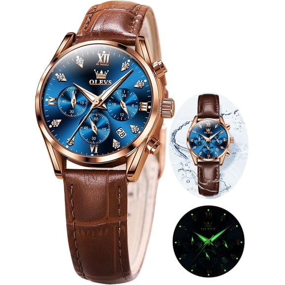OLEVS Watches for Womens Brown Leather Strap Analog Quartz Rose Gold-Plated Fashion Casual Dress Multifunction Chronograph Diamond Date Waterproof Luminous Ladies Watches Relojes para Mujer