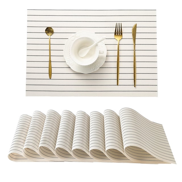 Manteles individuales Leetaltree blancos con rayas negras, juego de 8 unidades, PVC