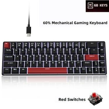 FFN 68-Key 60% Mechanical Gaming Keyboard with Red Switches-Compact Design with Detachable Type-C Cable,LED Backlit for Gaming Smooth,Compatible with Win/Mac/Linux/PC/Laptop-Black