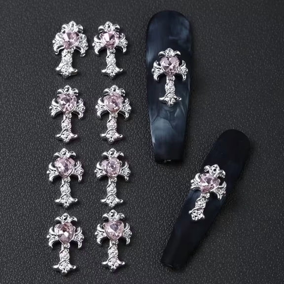 10Pcs Silvery Cross Nail Charms Pink Rhinestones 3D Nail Art Decor