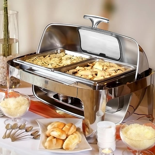 EDTara Ensemble de Plats Anti-Frottement en Acier Inoxydable, Réchaud de Buffet de 9 Pintes avec Couvercle à Rouleau et Brûleur à Alcool