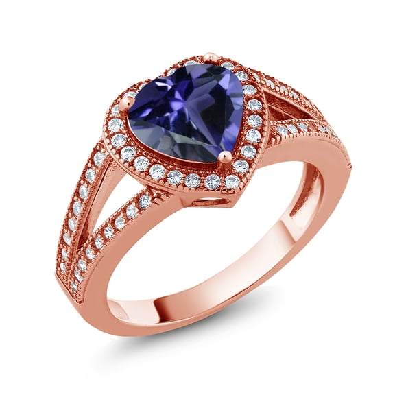 Gem Stone King 18K Rose Gold Plated Silver Ring Heart Shape Iolite and Moissanite (1.54 Cttw) (Size 7)