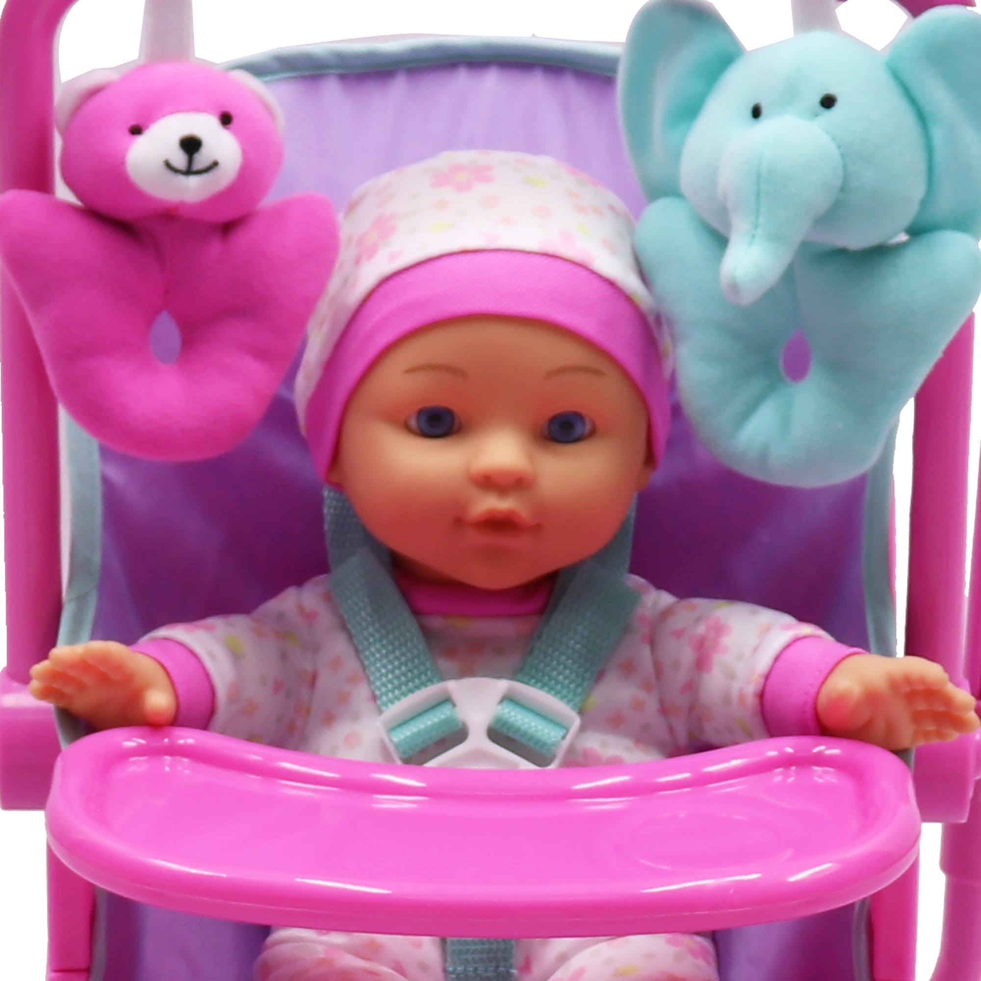 Dream Collection: Baby Doll 4-In-1 High Chair Play Set - Pink & Teal - 12" Doll, Hand-Held Carrier, Feeding Accessories, Realistic Play, Kids Ages 2+