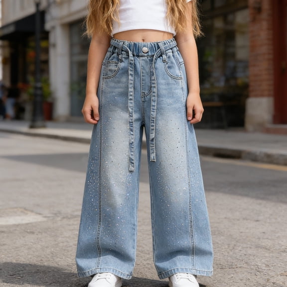 Frostluinai Baggy Jeans for Women Girls 4-15 Years Boyfriend Jeans Rhinestone Pants High Waisted Straight Leg Denim Pants Casual Streetwear with Pocket
