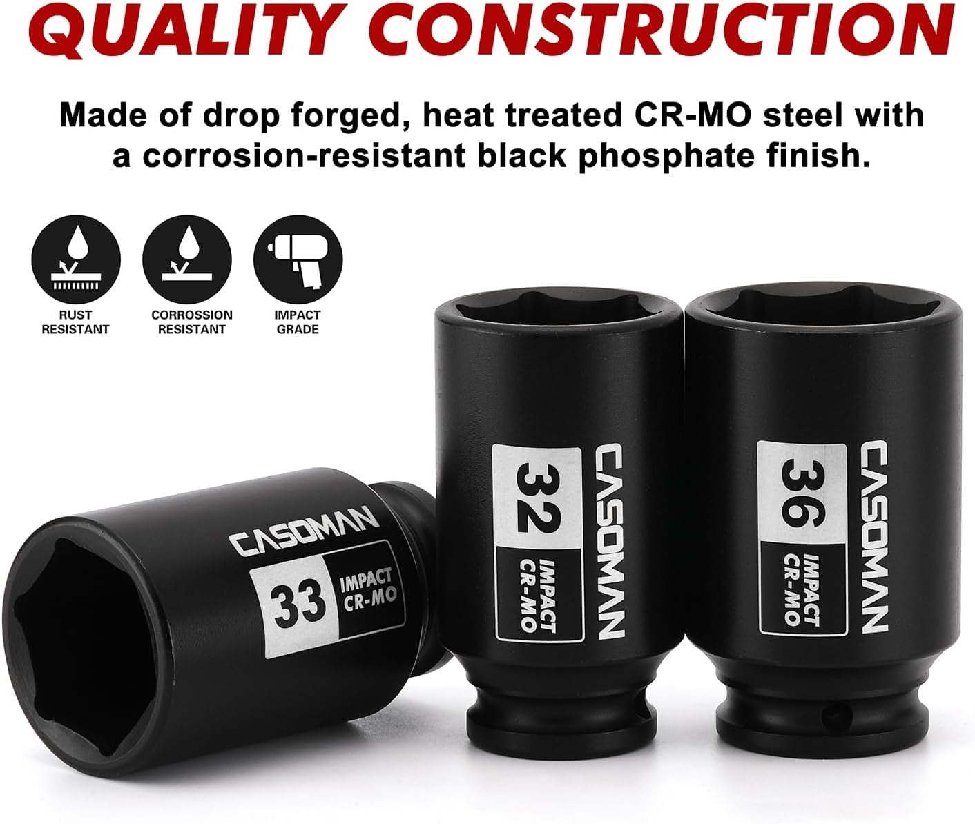 1/2-inch Drive Deep Spindle Axle Nut Impact Socket Set, 6 Point, Cr-Mo,32,33,35,36mm, 4Pcs 1/2 inch Impact Socket Set, Heavy Duty Use In Removing And Installing Axle Nuts