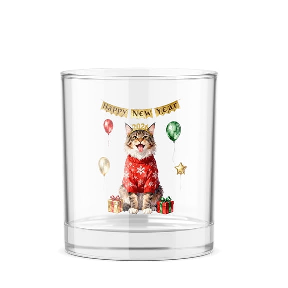 Happy New Year 2026 Maine Coon Holiday Balloons Party Snow 11oz Whiskey Glass Mug Cat Lover Kitten Owner Gifts Whiskey Cocktail Glasses Cup - 13018