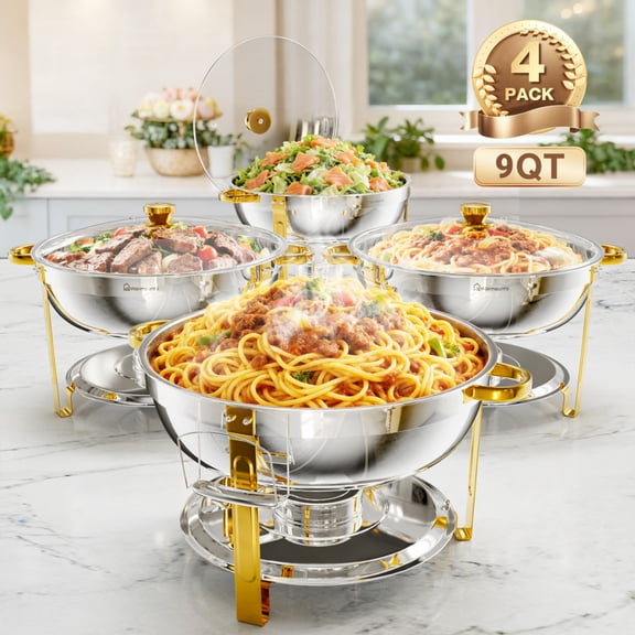 WARMOUNTS Gold Chafing Dishes for Buffet 2/4 Pack, Stainless Steel Chafing Dish Buffet Set 8QT, Round Chafing Dishes with Glass Lid for Party Events Wedding