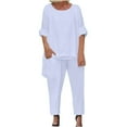 thumbnail image 2 of Homenesgenics 2 Piece Outfit for Women Plus Size Women's Solid Color Round Neck Short Sleeve and Pants Sets with Pockets White L, 2 of 7