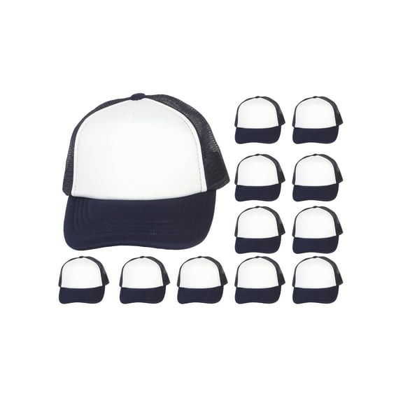 12-Pack Youth Snapback Trucker Hat Foam Mesh Dozen Caps For Kids, White/Navy