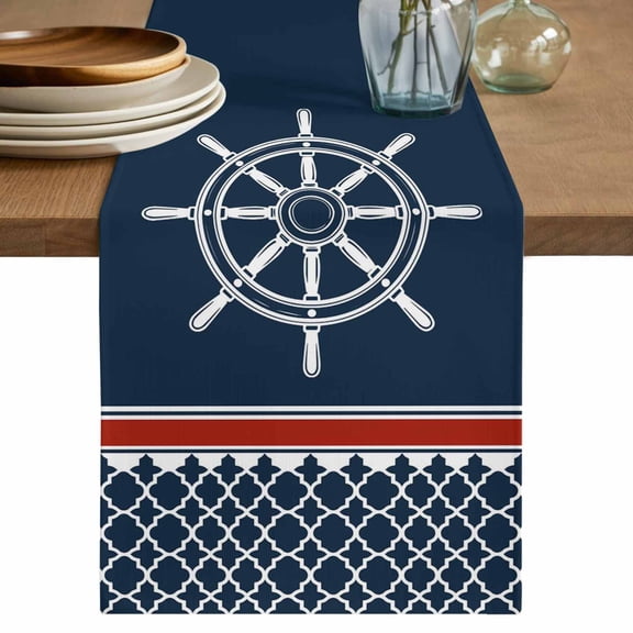 Table Runner 90 Inches Long for Kitchen Dining, Navy Blue Coastal Dresser Scarf Farmhouse, Dining Table Decorations for Wedding/Parties, Nautical Ocean Sea Rudder Abstract Art 13 x 90 In