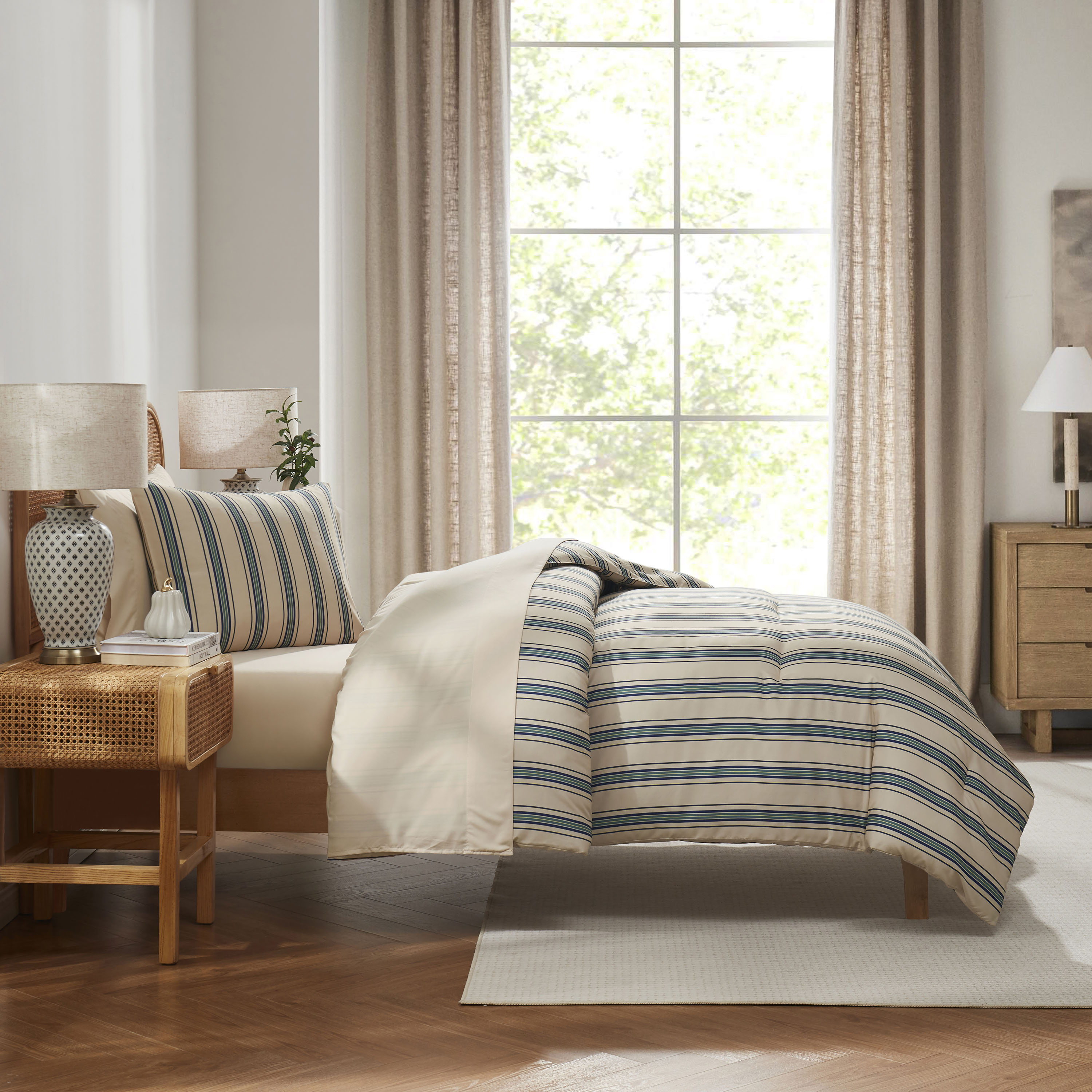 LammaLoe Twin Comforter Sets, 5 Piece Striped Bed in a Bag, Bedding Comforter Set with Sheets, Modern Bed Set, Cream