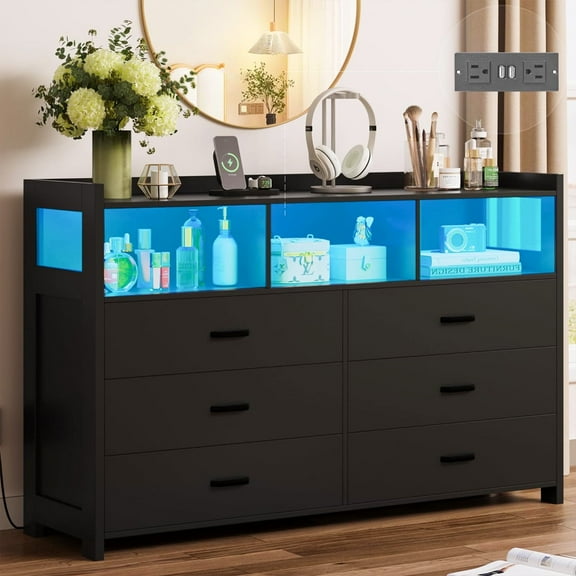 Alohappy LED Dresser for Bedroom 6 Drawers, Modern Dresser Wooden with Power Outlets, Black
