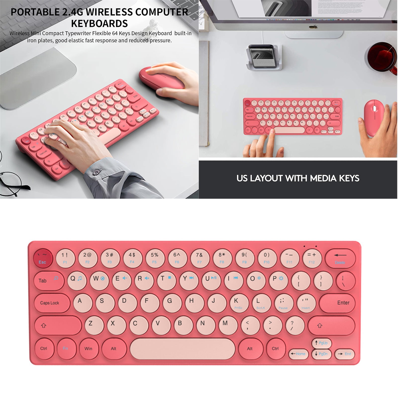 Retro Round Keycap Wireless Keyboards Bundles 2.40G Silents Button Long For Home Office Setups