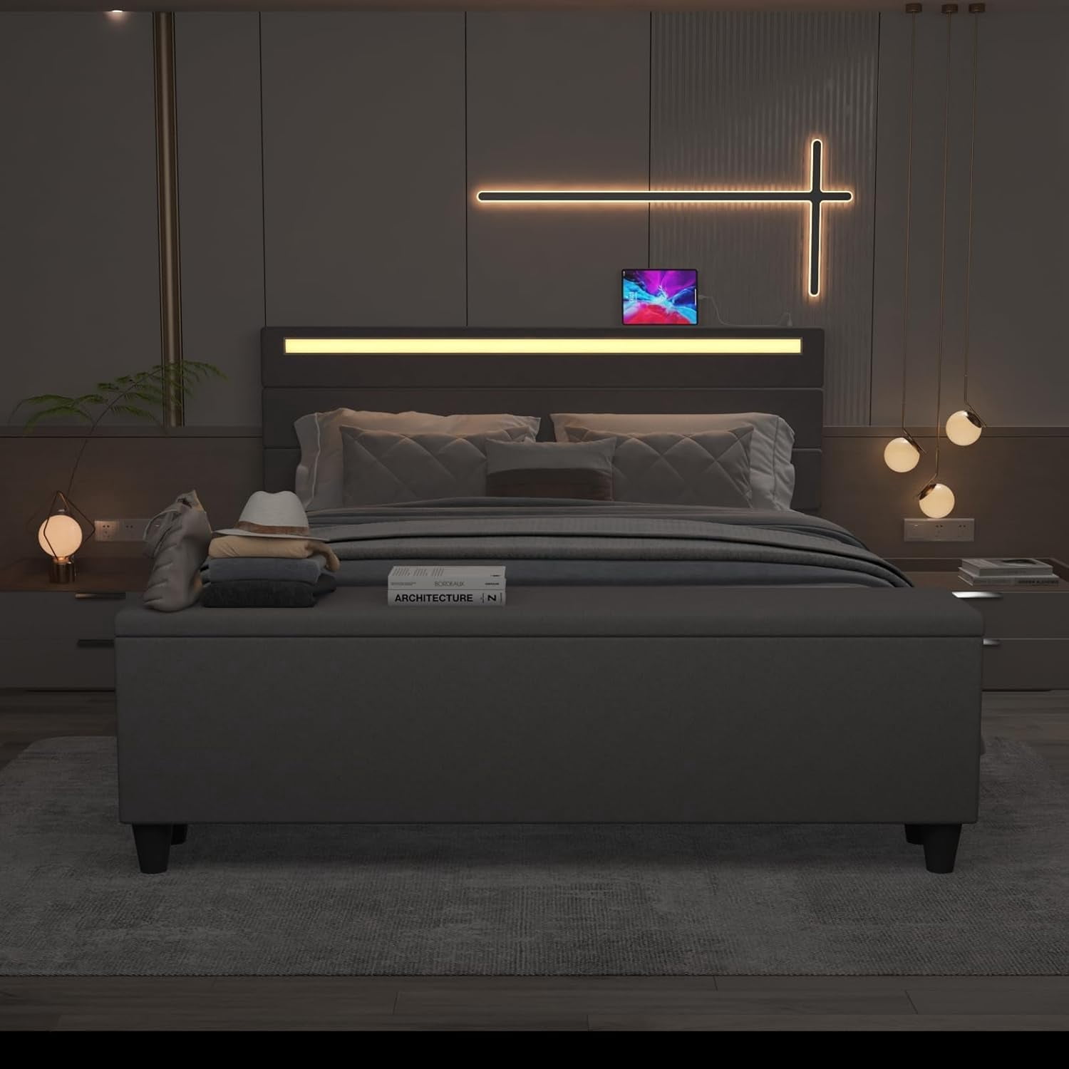 Kallabe King Bed Frame with Storage Ottoman and LED Light Headboard, Upholstered Platform Bed with 2 USB Ports, Grey