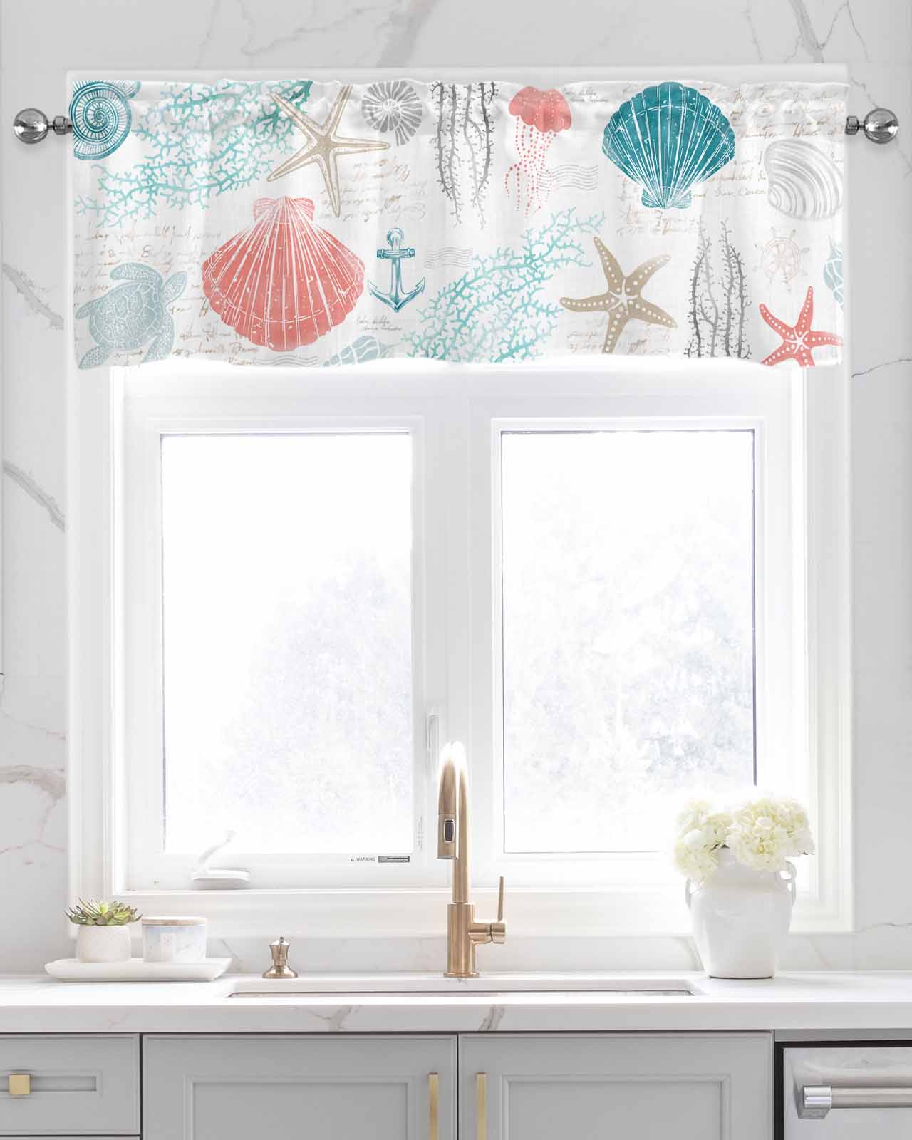 Coastal Coral Red Linen Curtain Valance for Bedroom/Bathroom/Kitchen/Living/Dining Room Window,Nautical Ocean Turtle Teal Starfish Conch Pocket Topper Drapes Decorative Cafe Drapery Panel 42"x18"