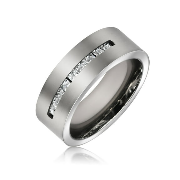 Bling Jewelry Mens Wide CZ Channel Set Titanium Wedding Band Ring for Men Silver Tone Titanium