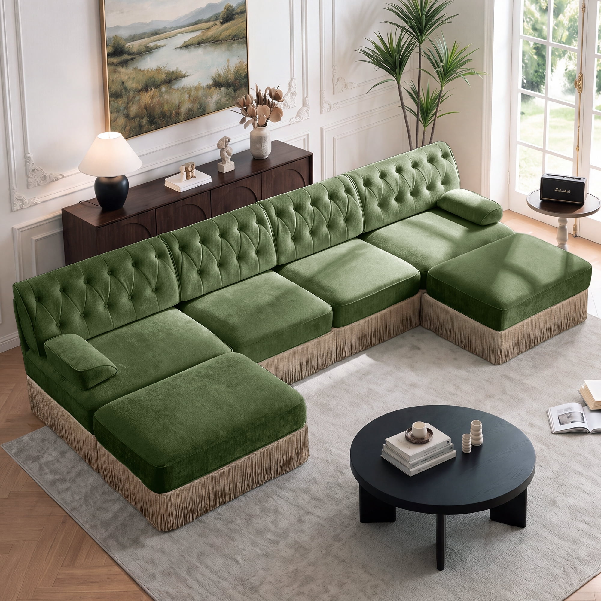 135" Chesterfield 4 Seater U-Shaped Modular Sectional Sofa Set with 2 Ottoman and Tassel Skirt, Easy to Assemble