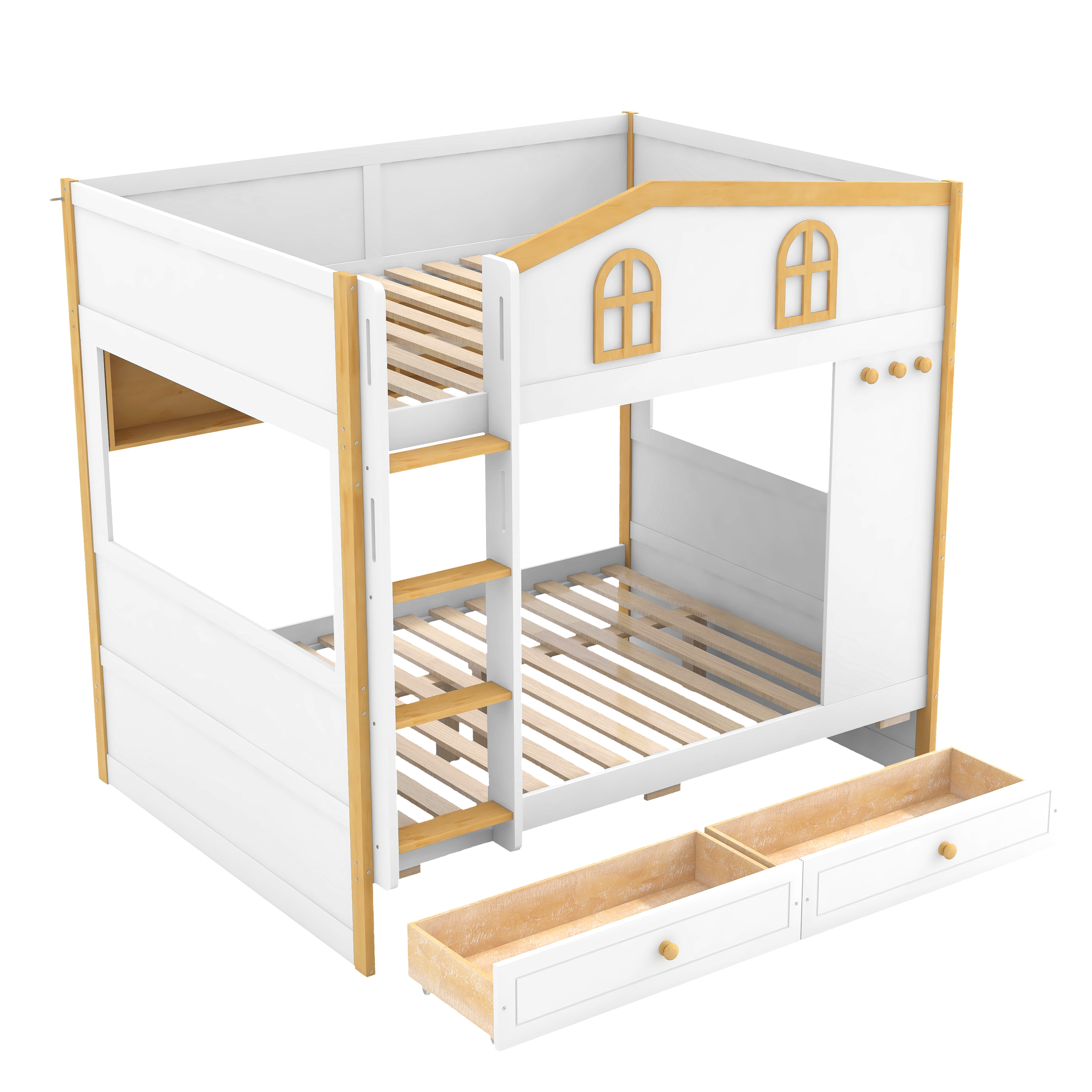 Euroco Wood Full over Full Bunk Bed with Shelves and Drawers, House Bed with Guardrails, White