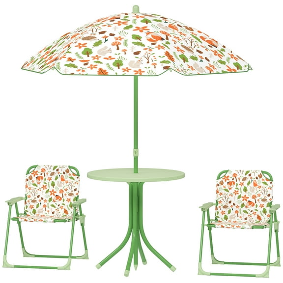 Homiyad Qaba Kids Picnic Table and Chair Set, Outdoor Activity Table with Foldable Chairs, Removable Umbrella for Backyard, Green