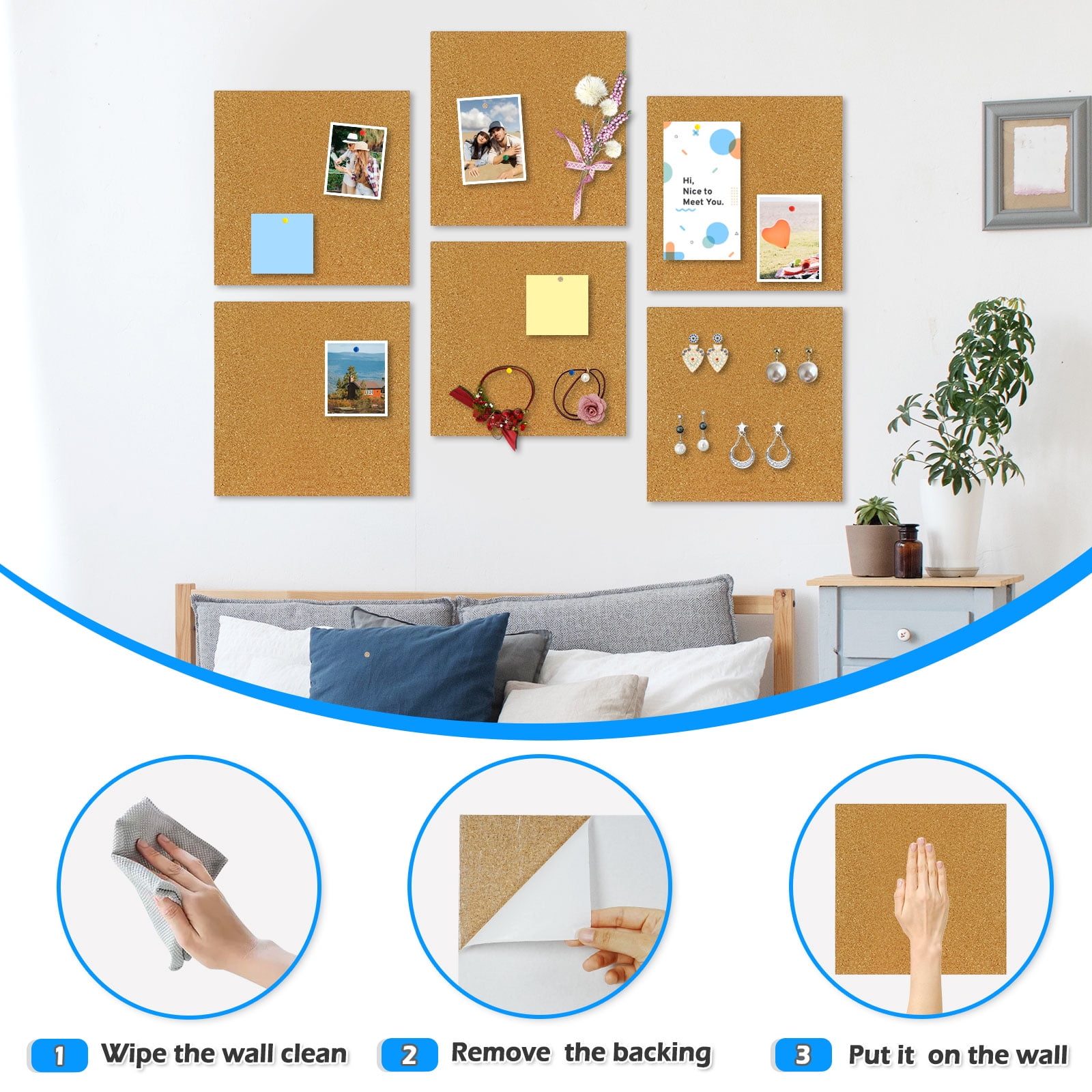 Adhesive Cork Board Tiles 6 Packs Cork Bulletin Board 12" x 12", Thick Frameless Corkboards for Walls with Pushpins for Home Office Kitchen School Decor Display, Brown