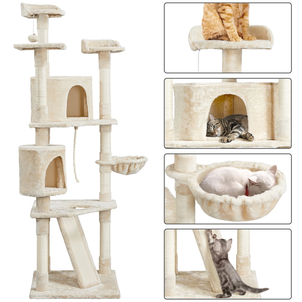 Alden Design 79″ H Multilevel Cat Tree with 2 Condos Basket Scratching Posts, Beige