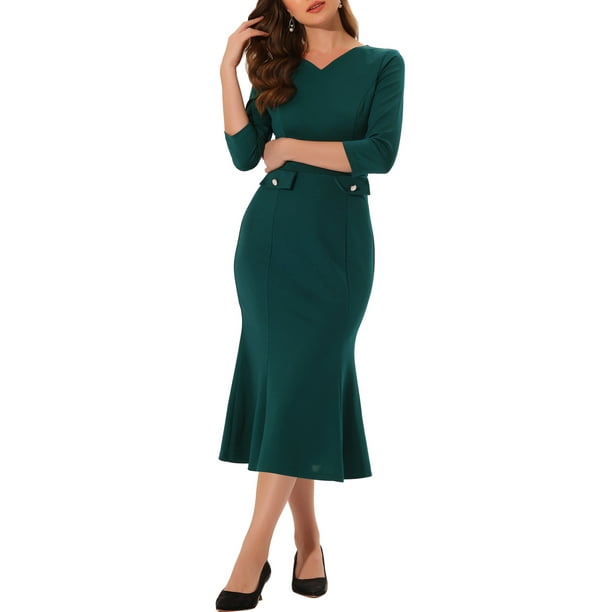 INSPIRE CHIC Vestido de cóctel de trabajo ajustado de mujer vintage con cola de pez y mangas 3/4 en verde
