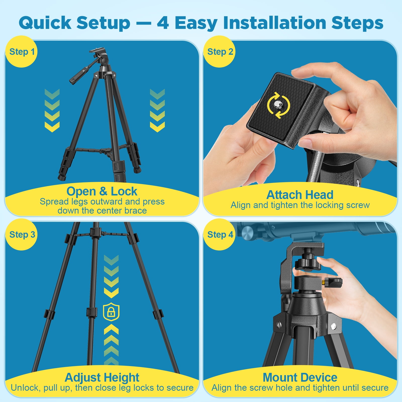 QUNSE 52" Aluminum Camera Tripod, Lightweight Travel Tripod for Camera & Phone with 360° Pan/180° Tilt Fluid Head, 4-Section Quick Release Stand with Universal 1/4" Screw