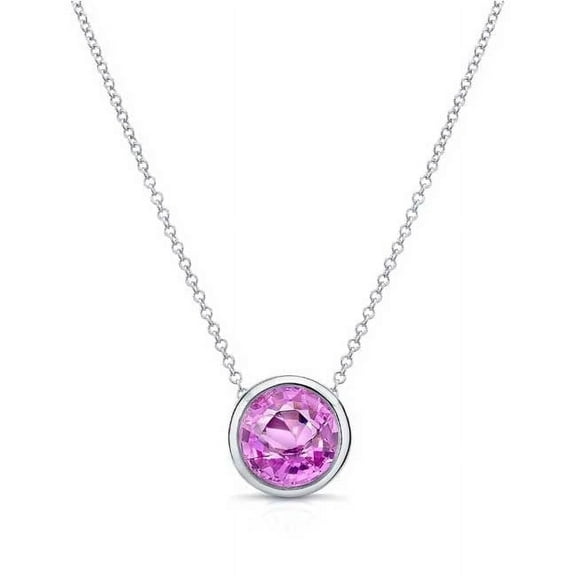 18k White Gold 1 Ct Pink Sapphire Bezel Round Plated Pendant Necklace by Paris Jewelry