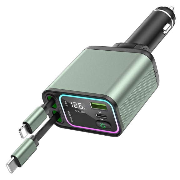 4 in 1 Retractable Car Charger, 66W USB C Car Phone Charger Adapter with Breathing Light, Cigarette Lighter Adapter for iPhone 16/15/14/13/12/11 Android,iPad,Pixel